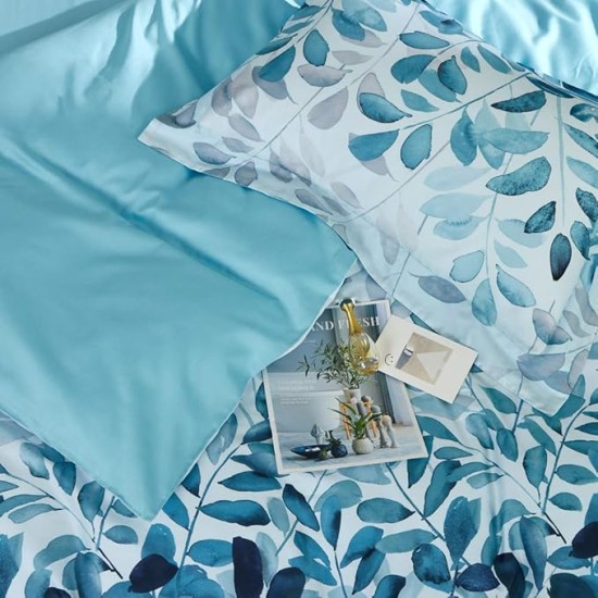 100% Long Staple Cotton Duvet Cover Set Gradient Blue Leaves Printed Comforter Cover Set Farmhouse Plant Comforter Cover Set
