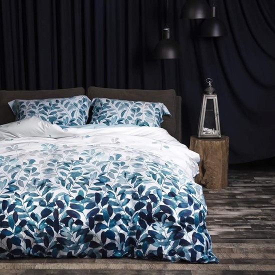 100% Long Staple Cotton Duvet Cover Set Gradient Blue Leaves Printed Comforter Cover Set Farmhouse Plant Comforter Cover Set