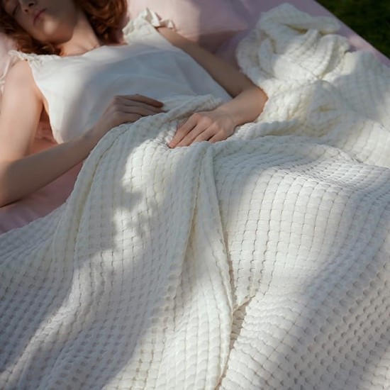 Cooling Cotton Waffle Queen Size Blanket - Lightweight Breathable Christmas Blanket of Rayon Derived from Bamboo for Hot Sleepers, Luxury Throws for Bed, Couch and Sofa, Ivory, 90x90 Inches