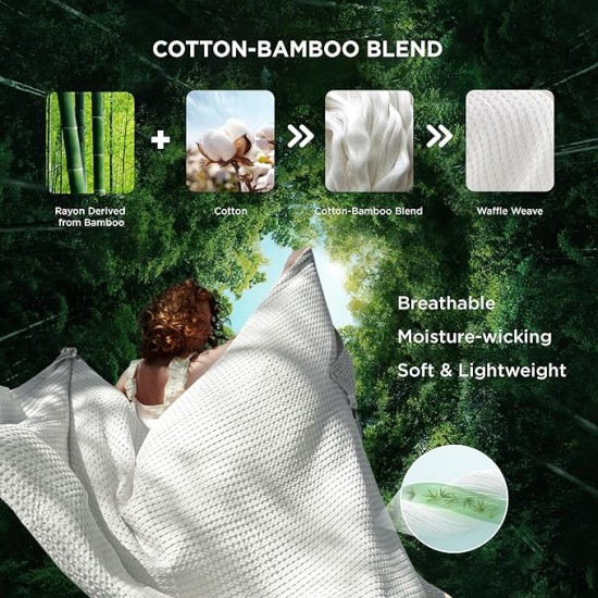 Cooling Cotton Waffle Queen Size Blanket - Lightweight Breathable Christmas Blanket of Rayon Derived from Bamboo for Hot Sleepers, Luxury Throws for Bed, Couch and Sofa, Ivory, 90x90 Inches