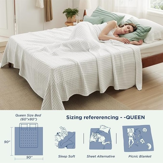 Cooling Cotton Waffle Queen Size Blanket - Lightweight Breathable Christmas Blanket of Rayon Derived from Bamboo for Hot Sleepers, Luxury Throws for Bed, Couch and Sofa, Ivory, 90x90 Inches