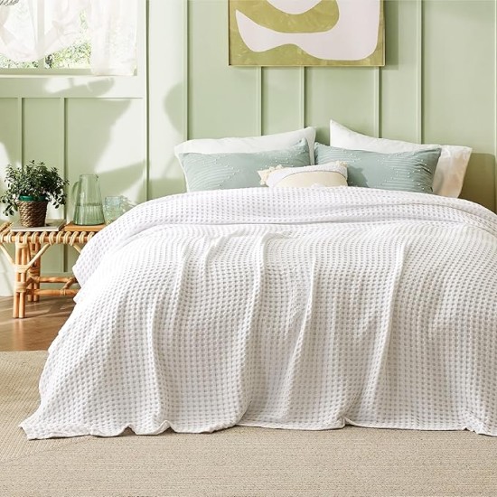 Cooling Cotton Waffle Queen Size Blanket - Lightweight Breathable Christmas Blanket of Rayon Derived from Bamboo for Hot Sleepers, Luxury Throws for Bed, Couch and Sofa, Ivory, 90x90 Inches