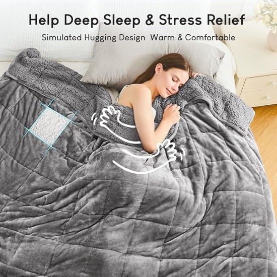 20lbs Weighted Blanket Queen Size, 60x80 Inches Grey Sherpa Weighted Blanket Throw Sofa Bedding Heavy Blanket for Adults, Soft Cozy Fleece Blanket On Queen Bed