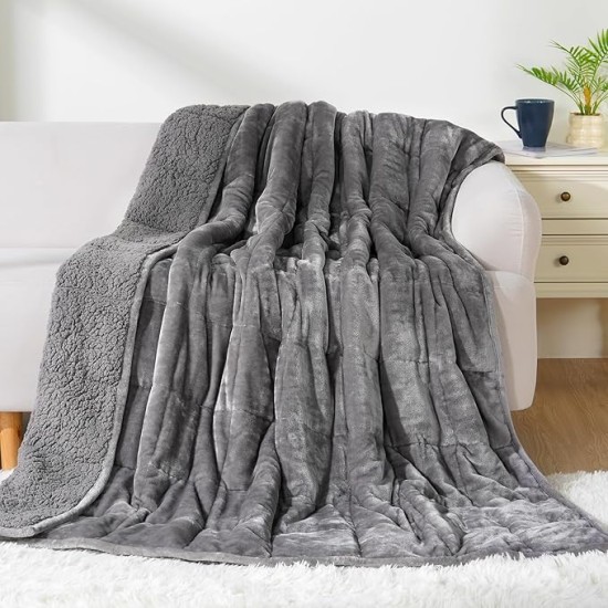 20lbs Weighted Blanket Queen Size, 60x80 Inches Grey Sherpa Weighted Blanket Throw Sofa Bedding Heavy Blanket for Adults, Soft Cozy Fleece Blanket On Queen Bed