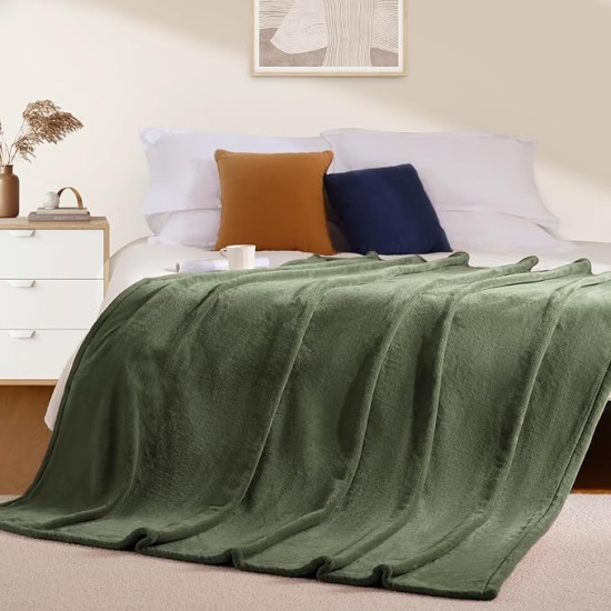 Fleece Throw Size Blanket for Couch Sofa or Bed, Soft Fuzzy Plush Luxury Flannel Lap Blanket, Super Cozy and Comfy for All Seasons (Olive Green, 50" x 60")