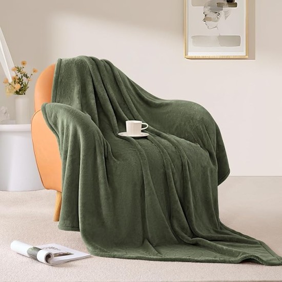 Fleece Throw Size Blanket for Couch Sofa or Bed, Soft Fuzzy Plush Luxury Flannel Lap Blanket, Super Cozy and Comfy for All Seasons (Olive Green, 50" x 60")