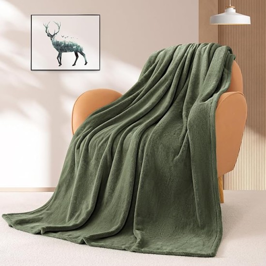 Fleece Throw Size Blanket for Couch Sofa or Bed, Soft Fuzzy Plush Luxury Flannel Lap Blanket, Super Cozy and Comfy for All Seasons (Olive Green, 50" x 60")