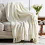 White Throw Blankets for Couch, Textured Knit Woven Blanket, 50x60 Inch - Super Soft Warm Decorative Blanket with Tassels for Couch, Bed, Sofa and Living Room