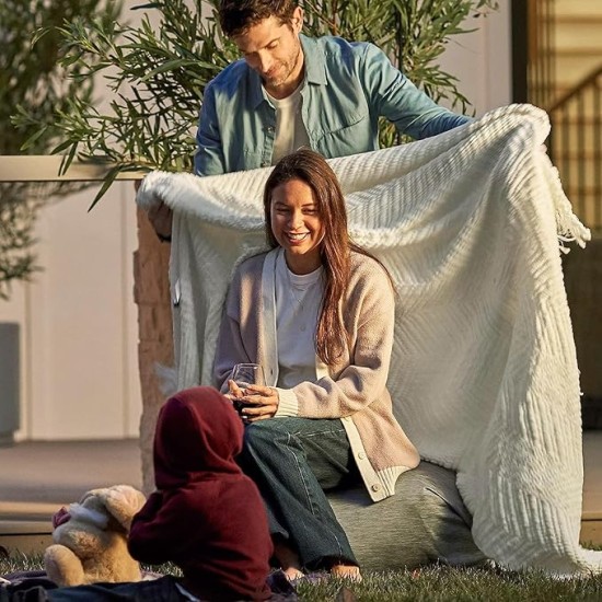 White Throw Blankets for Couch, Textured Knit Woven Blanket, 50x60 Inch - Super Soft Warm Decorative Blanket with Tassels for Couch, Bed, Sofa and Living Room