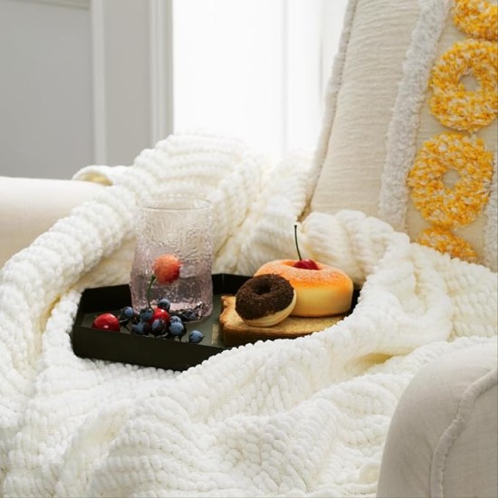 White Throw Blankets for Couch, Textured Knit Woven Blanket, 50x60 Inch - Super Soft Warm Decorative Blanket with Tassels for Couch, Bed, Sofa and Living Room