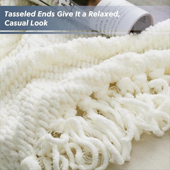 White Throw Blankets for Couch, Textured Knit Woven Blanket, 50x60 Inch - Super Soft Warm Decorative Blanket with Tassels for Couch, Bed, Sofa and Living Room