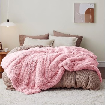 Soft Pink Blankets Queen Size for Bed, Fluffy Fuzzy Blankets for Full Queen Bed, Cozy Plush Sherpa Fleece Faux Fur Blanket for Winter, Thick Warm Blanket Gifts for Women, Girls, 90x90