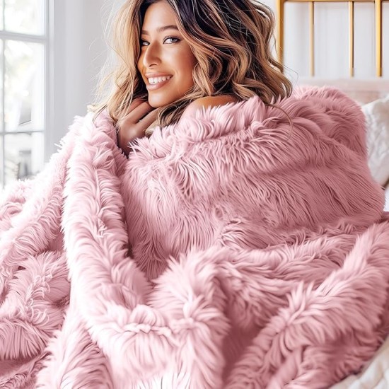 Soft Pink Blankets Queen Size for Bed, Fluffy Fuzzy Blankets for Full Queen Bed, Cozy Plush Sherpa Fleece Faux Fur Blanket for Winter, Thick Warm Blanket Gifts for Women, Girls, 90x90