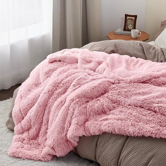 Soft Pink Blankets Queen Size for Bed, Fluffy Fuzzy Blankets for Full Queen Bed, Cozy Plush Sherpa Fleece Faux Fur Blanket for Winter, Thick Warm Blanket Gifts for Women, Girls, 90x90