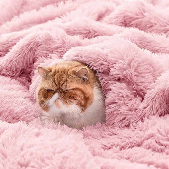 Soft Pink Blankets Queen Size for Bed, Fluffy Fuzzy Blankets for Full Queen Bed, Cozy Plush Sherpa Fleece Faux Fur Blanket for Winter, Thick Warm Blanket Gifts for Women, Girls, 90x90