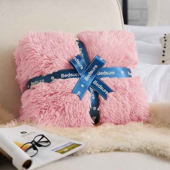 Soft Pink Blankets Queen Size for Bed, Fluffy Fuzzy Blankets for Full Queen Bed, Cozy Plush Sherpa Fleece Faux Fur Blanket for Winter, Thick Warm Blanket Gifts for Women, Girls, 90x90