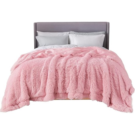 Soft Pink Blankets Queen Size for Bed, Fluffy Fuzzy Blankets for Full Queen Bed, Cozy Plush Sherpa Fleece Faux Fur Blanket for Winter, Thick Warm Blanket Gifts for Women, Girls, 90x90