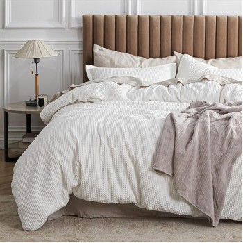 Cotton Duvet Cover Queen - 100% Cotton Waffle Weave Coconut White Duvet Cover Queen Size, Soft and Breathable Queen Duvet Cover Set for Gifts (Queen, 90"x90")