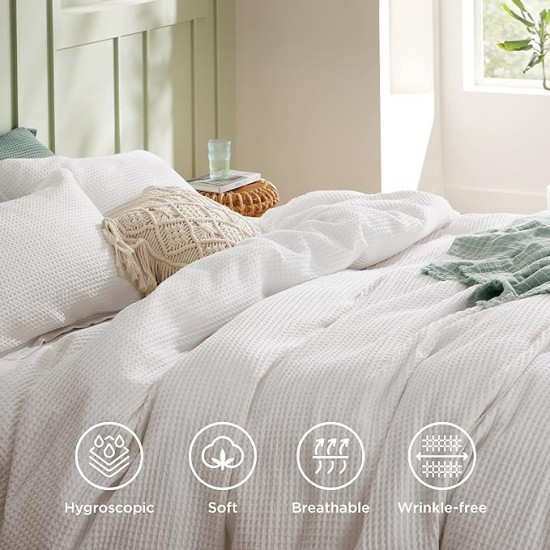 Cotton Duvet Cover Queen - 100% Cotton Waffle Weave Coconut White Duvet Cover Queen Size, Soft and Breathable Queen Duvet Cover Set for Gifts (Queen, 90"x90")