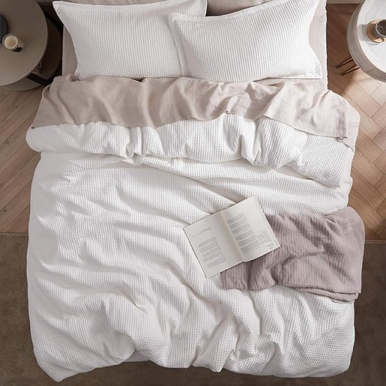 Cotton Duvet Cover Queen - 100% Cotton Waffle Weave Coconut White Duvet Cover Queen Size, Soft and Breathable Queen Duvet Cover Set for Gifts (Queen, 90"x90")