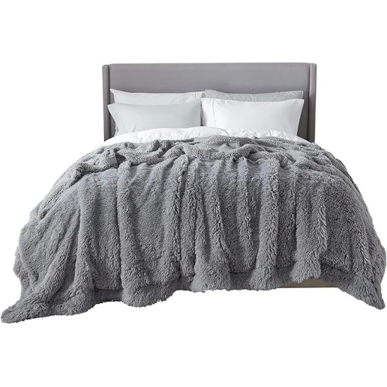 Soft Grey Blankets Queen Size for Bed, Fluffy Fuzzy Blankets for Full Queen Bed, Cozy Plush Sherpa Fleece Faux Fur Blanket for Winter, Thick Warm Blanket Gifts for Women, Men, 90x90