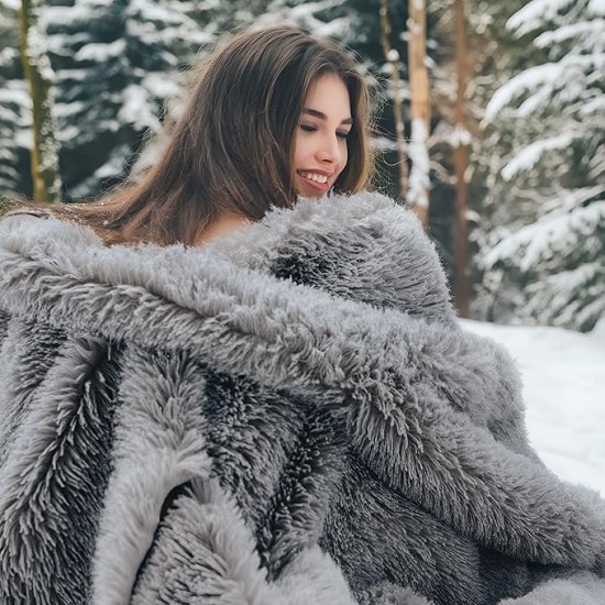 Soft Grey Blankets Queen Size for Bed, Fluffy Fuzzy Blankets for Full Queen Bed, Cozy Plush Sherpa Fleece Faux Fur Blanket for Winter, Thick Warm Blanket Gifts for Women, Men, 90x90