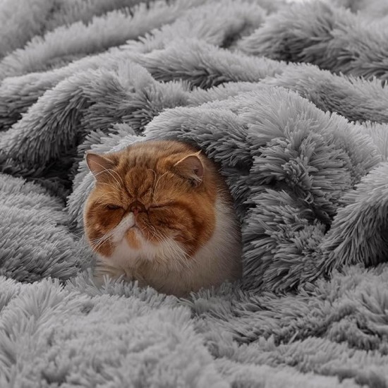 Soft Grey Blankets Queen Size for Bed, Fluffy Fuzzy Blankets for Full Queen Bed, Cozy Plush Sherpa Fleece Faux Fur Blanket for Winter, Thick Warm Blanket Gifts for Women, Men, 90x90