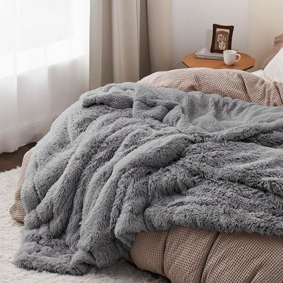 Soft Grey Blankets Queen Size for Bed, Fluffy Fuzzy Blankets for Full Queen Bed, Cozy Plush Sherpa Fleece Faux Fur Blanket for Winter, Thick Warm Blanket Gifts for Women, Men, 90x90
