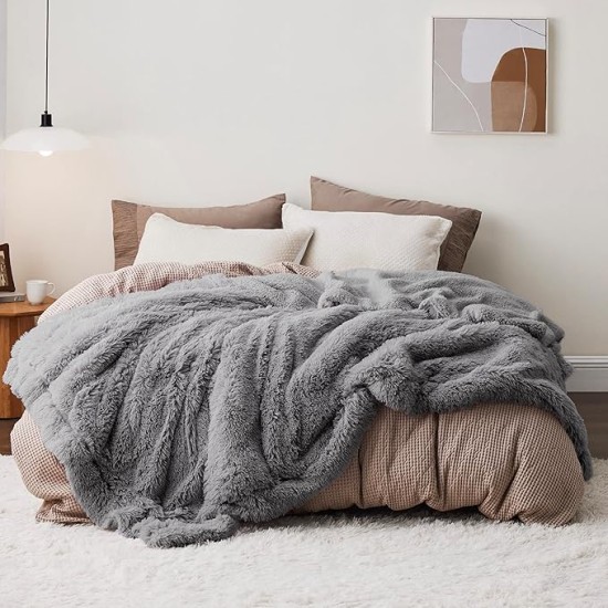 Soft Grey Blankets Queen Size for Bed, Fluffy Fuzzy Blankets for Full Queen Bed, Cozy Plush Sherpa Fleece Faux Fur Blanket for Winter, Thick Warm Blanket Gifts for Women, Men, 90x90