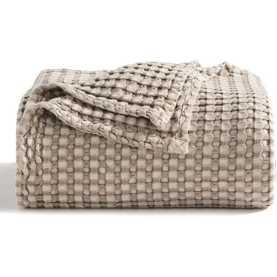 Cooling Cotton Waffle Queen Size Blanket -Lightweight Breathable Summer Blanket of Rayon Derived from Bamboo for Hot Sleepers, Luxury Throws for Bed, Couch and Sofa, Taupe, 90x90 Inches