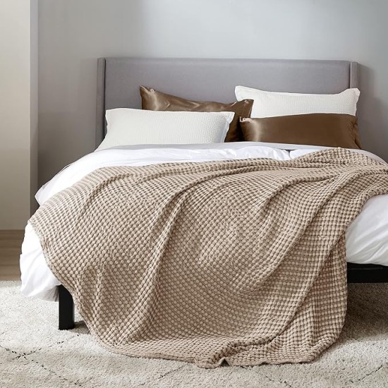 Cooling Cotton Waffle Queen Size Blanket -Lightweight Breathable Summer Blanket of Rayon Derived from Bamboo for Hot Sleepers, Luxury Throws for Bed, Couch and Sofa, Taupe, 90x90 Inches