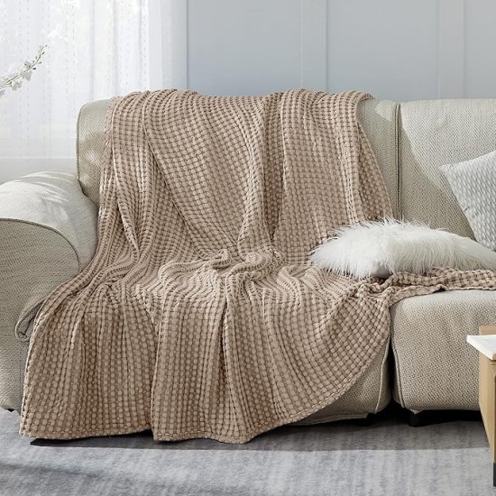 Cooling Cotton Waffle Queen Size Blanket -Lightweight Breathable Summer Blanket of Rayon Derived from Bamboo for Hot Sleepers, Luxury Throws for Bed, Couch and Sofa, Taupe, 90x90 Inches