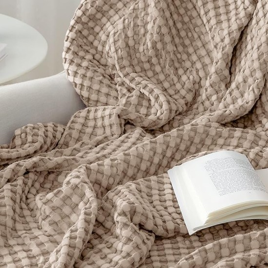 Cooling Cotton Waffle Queen Size Blanket -Lightweight Breathable Summer Blanket of Rayon Derived from Bamboo for Hot Sleepers, Luxury Throws for Bed, Couch and Sofa, Taupe, 90x90 Inches