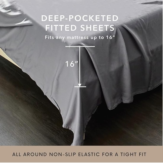 4 Piece Queen Sheet Set - 100% Viscose Made from Bamboo Sheets Queen Size Bed Set - Soft Cooling Sheets for Hot Sleepers - Breathable Queen Sheets Fits Up to 16'' Deep Pocket - Dark Grey