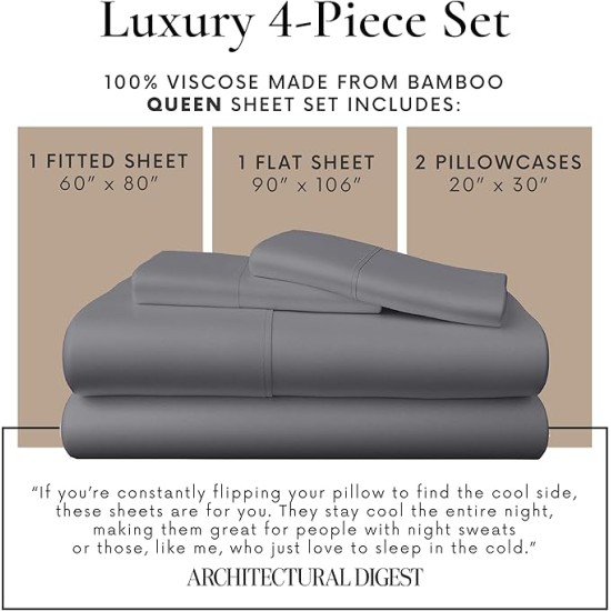 4 Piece Queen Sheet Set - 100% Viscose Made from Bamboo Sheets Queen Size Bed Set - Soft Cooling Sheets for Hot Sleepers - Breathable Queen Sheets Fits Up to 16'' Deep Pocket - Dark Grey