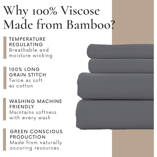 4 Piece Queen Sheet Set - 100% Viscose Made from Bamboo Sheets Queen Size Bed Set - Soft Cooling Sheets for Hot Sleepers - Breathable Queen Sheets Fits Up to 16'' Deep Pocket - Dark Grey