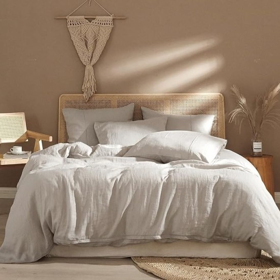 Linen Duvet Cover Set 100% Washed French Flax Pure Linen Duvet Covers King Soft Natural Breathable Durable Cooling Duvet Cover King Size Linen Bedding Set (1 Linen Duvet Cover 2 Pillowcases)