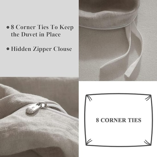 Linen Duvet Cover Set 100% Washed French Flax Pure Linen Duvet Covers King Soft Natural Breathable Durable Cooling Duvet Cover King Size Linen Bedding Set (1 Linen Duvet Cover 2 Pillowcases)