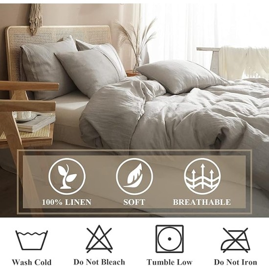 Linen Duvet Cover Set 100% Washed French Flax Pure Linen Duvet Covers King Soft Natural Breathable Durable Cooling Duvet Cover King Size Linen Bedding Set (1 Linen Duvet Cover 2 Pillowcases)