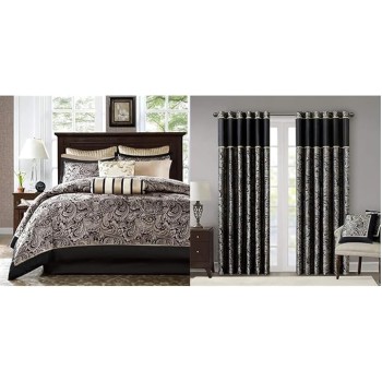 Aubrey King Size Bed Comforter Set Bed in A Bag - 12 Pieces Bedding Sets & Black Curtains for Living Room, Traditional Back Tab Curtains for Bedroom, 50x84, 2-Panel Pack