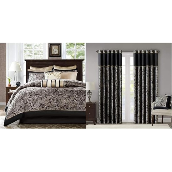 Aubrey King Size Bed Comforter Set Bed in A Bag - 12 Pieces Bedding Sets & Black Curtains for Living Room, Traditional Back Tab Curtains for Bedroom, 50x84, 2-Panel Pack