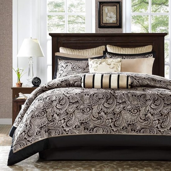 Aubrey King Size Bed Comforter Set Bed in A Bag - 12 Pieces Bedding Sets & Black Curtains for Living Room, Traditional Back Tab Curtains for Bedroom, 50x84, 2-Panel Pack