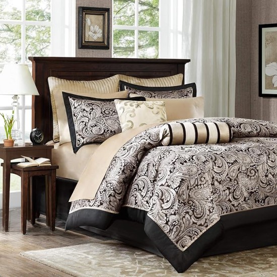 Aubrey King Size Bed Comforter Set Bed in A Bag - 12 Pieces Bedding Sets & Black Curtains for Living Room, Traditional Back Tab Curtains for Bedroom, 50x84, 2-Panel Pack