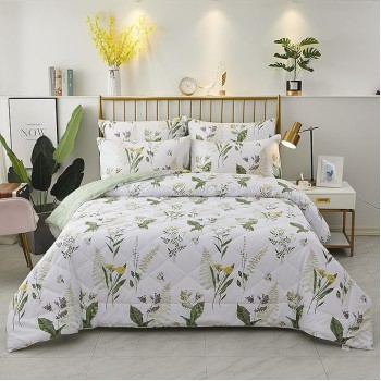 Daisy Floral Comforter Set, King Size Cotton Fabric Lightweight Summer Quilt Printed Bedding Microfiber Filled Soft Daisy Botanical Green Leaves Down Reversible Bedding 3 Pcs