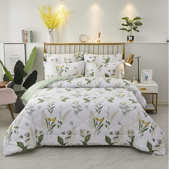 Daisy Floral Comforter Set, King Size Cotton Fabric Lightweight Summer Quilt Printed Bedding Microfiber Filled Soft Daisy Botanical Green Leaves Down Reversible Bedding 3 Pcs