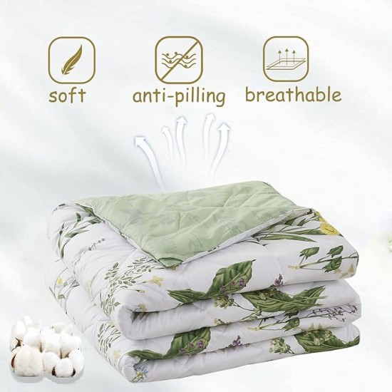 Daisy Floral Comforter Set, King Size Cotton Fabric Lightweight Summer Quilt Printed Bedding Microfiber Filled Soft Daisy Botanical Green Leaves Down Reversible Bedding 3 Pcs