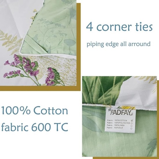 Daisy Floral Comforter Set, King Size Cotton Fabric Lightweight Summer Quilt Printed Bedding Microfiber Filled Soft Daisy Botanical Green Leaves Down Reversible Bedding 3 Pcs