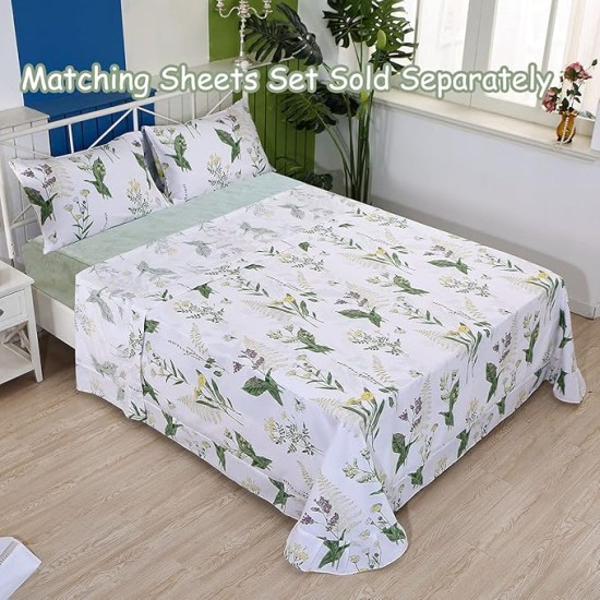 Daisy Floral Comforter Set, King Size Cotton Fabric Lightweight Summer Quilt Printed Bedding Microfiber Filled Soft Daisy Botanical Green Leaves Down Reversible Bedding 3 Pcs