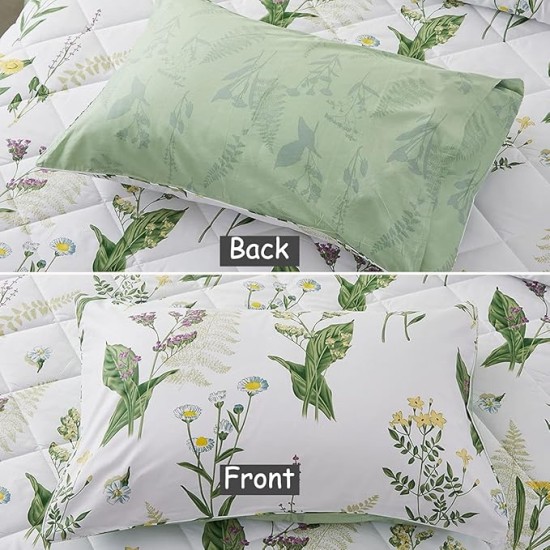 Daisy Floral Comforter Set, King Size Cotton Fabric Lightweight Summer Quilt Printed Bedding Microfiber Filled Soft Daisy Botanical Green Leaves Down Reversible Bedding 3 Pcs