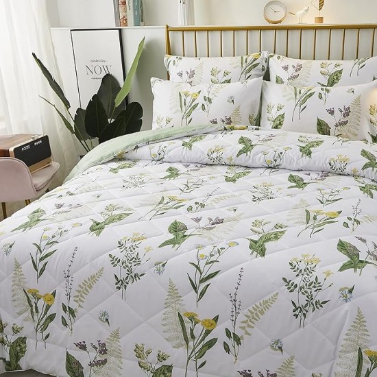Daisy Floral Comforter Set, King Size Cotton Fabric Lightweight Summer Quilt Printed Bedding Microfiber Filled Soft Daisy Botanical Green Leaves Down Reversible Bedding 3 Pcs